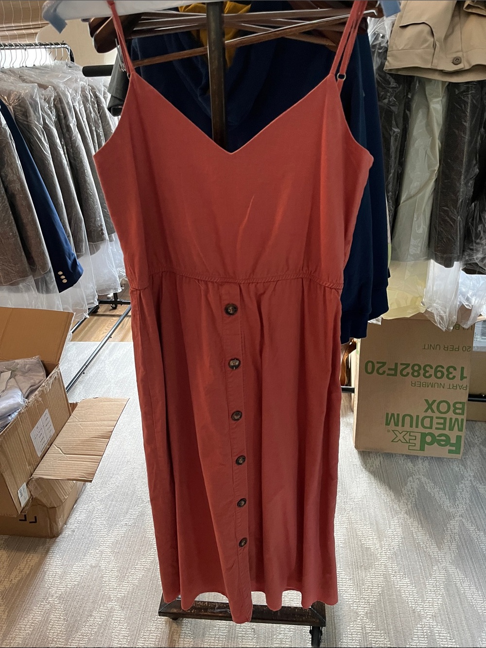 Women's Rust Button-Front Midi Dress with Spaghetti Straps